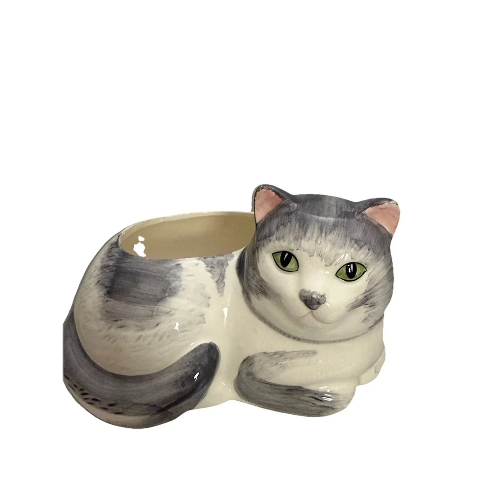 Ceramic Gray & White‎ Cat Planter | Figural Cat Lover Decor | 7